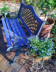 Blue Garden Bench on Patio